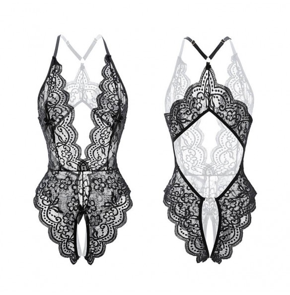 FEE ET MOI - Deep V Lace Open-Crotch Bodysuit (Plus Size - Black) FEE ET MOI - Deep V Lace Open-Crotch Bodysuit (Plus Size - Black)